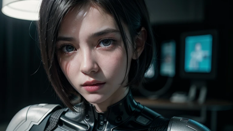 RAW photo,cyber punk perssonage,Short punk hair,Textured skin,skin pore,Capable face,realisticlying,Robotic arm girl,full bodyesbian,8K UHD, High quality, Film graininess, Fujifilm XT3