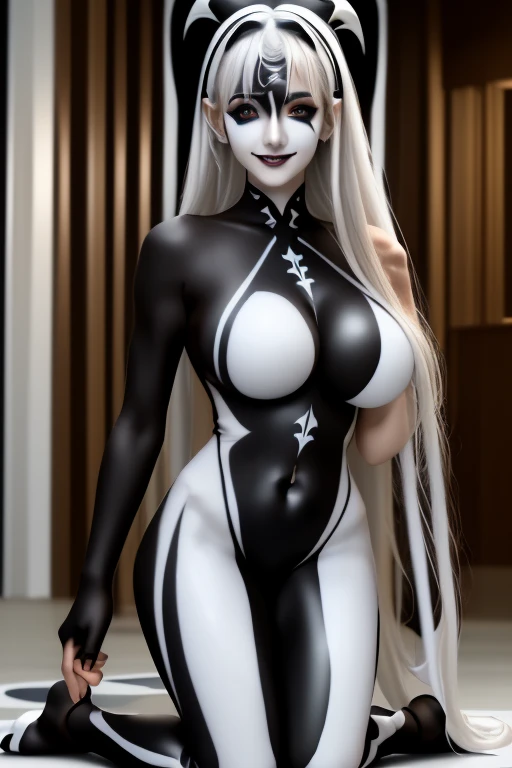 SFW, anime girl laying in bed with clothing cover her big chest, long white hair, seductive anime girl, white haired deity, anime woman fullbody art, perfect white haired girl, full body;, anime barbie in white stockings, white haired, full body picture, extremely detailed artgerm, black blindfolded, slave tatto on crotch, perfect illumination, smirking smile, red blush, hands on hips, metal sandals