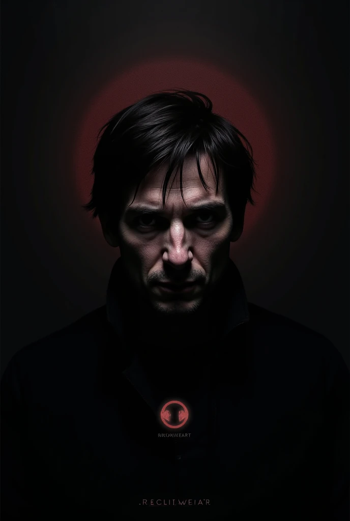 A surrealist portrait,Depicting a minimalist man,He has two eyes that shine white.,(((One-Eye))).And long eyelashes, Wearing a black turtleneck,Posing in front of a red background,