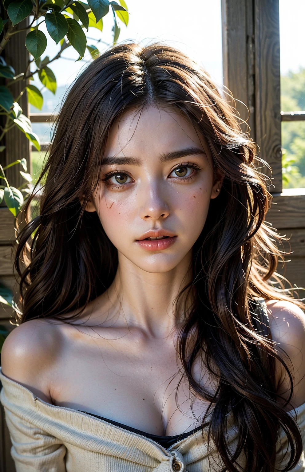 absurdres, (best quality:1.2), volumetric lighting, intricate details,(masterpiece:1.2), (photorealistic), cinematic lighting, perfect face, beautiful eyes, detailed eyes, necklace, bare collarbone, bare arms, short shirt, bangs, sidelocks, shiny skin, smiling, parted lips ,heterochromia, one eye blue, one eye brown, dynamic pose, white short shirt, black skirt, close up, necklace, big city , black hat, huge breasts, from front, blonde hair,