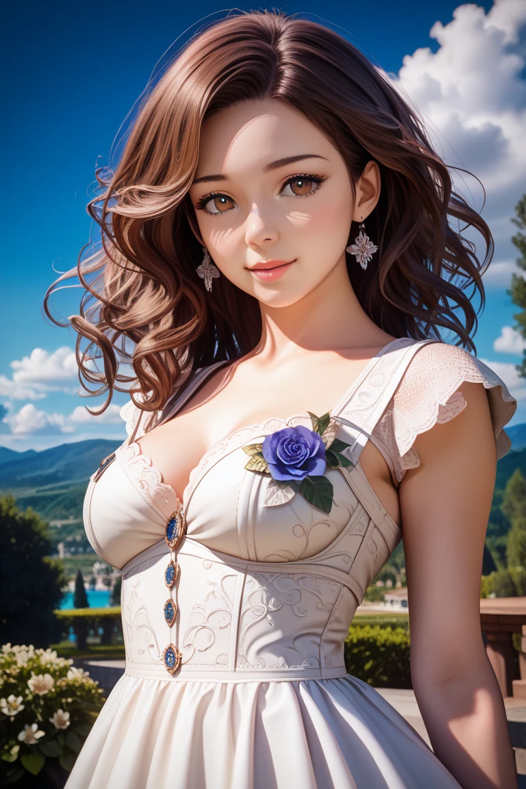 (highest quality,4k,8k,High resolution,masterpiece:1.2),super detailed,(realistic,photorealistic,photo-realistic:1.37),detailed and beautiful eyes,dense and beautiful lips,highly detailed eyes and face,long eyelashes,[garden, Bright colors,soft natural light,romantic atmosphere,vivid flowers, flowing dress,feminine and elegant pose,Happy and confident look, High fashion style, Dreamy scenery, fine art portrait, art print quality, oil painting techniques, impressionist style.smiling with his mouth closed