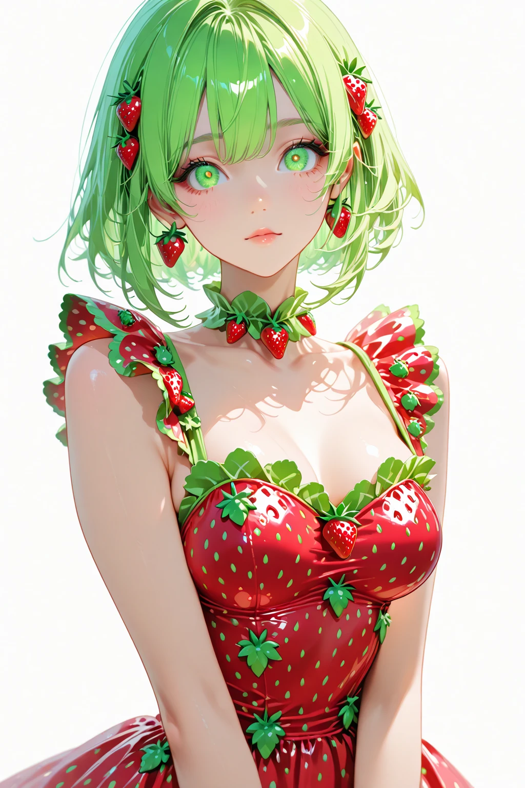 Strawberry alien with strawberry-like skin jumpsuit, big breasts