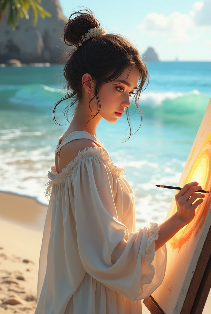 A woman wearing a dress, her back bare, holding a paintbrush, drawing a painting of the moon and a horse in the sea