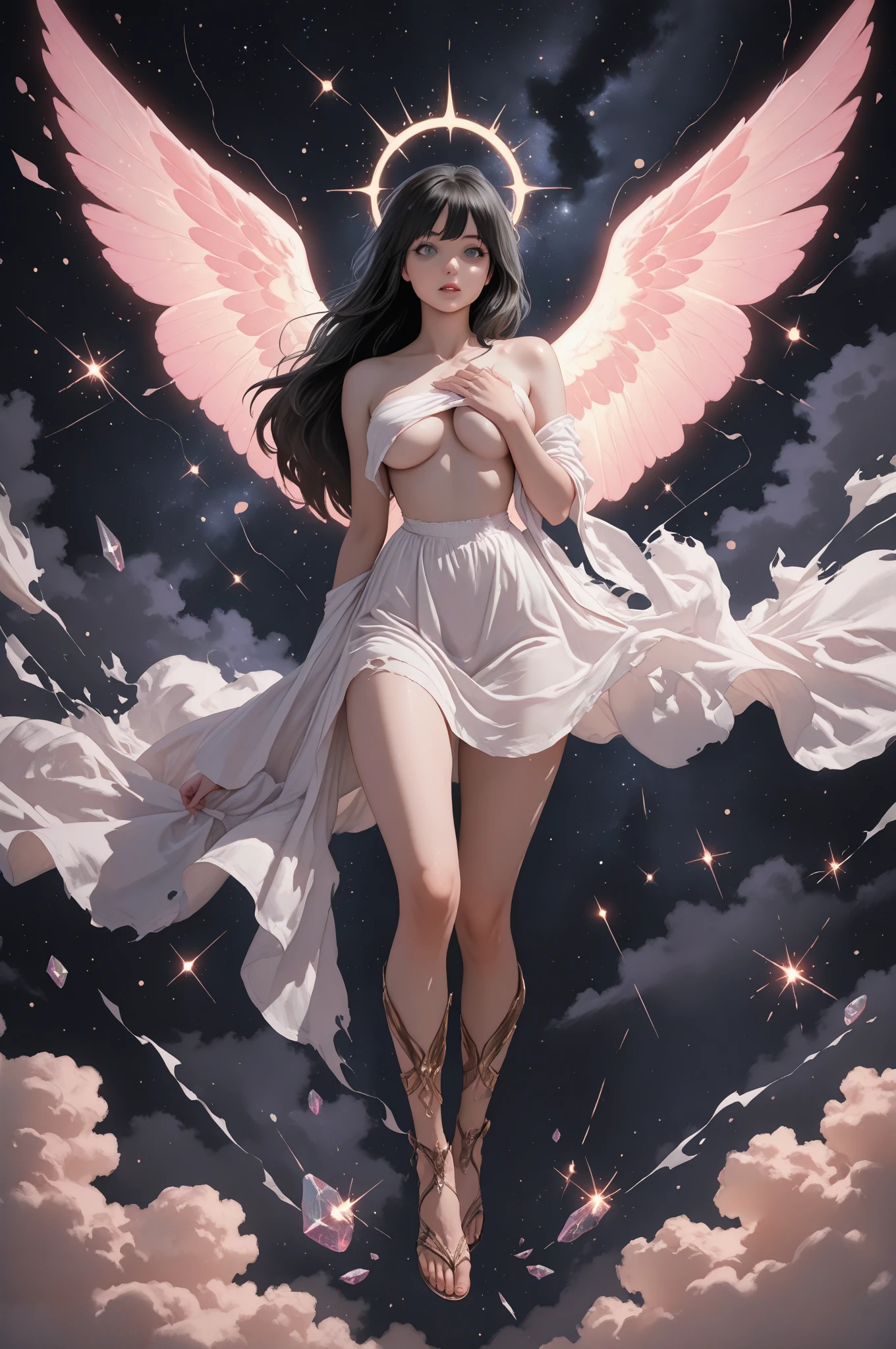 An ultra realistic naked angel woman floating stretched out with her hand raised. Bem sensual super realista 4K
