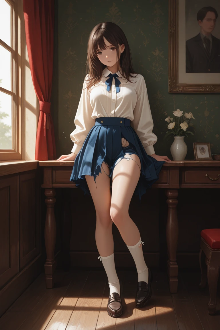 ((high resolution)),((masterpiece:1.5)), ((Highest quality:1.5)), ((Super detailed:1.5)),One Girl,Girl is ,cute,((A gentle smile:1.4)), Thighs, beautiful girl, ((Young face:1.0)),((Young body type:1.0)),Flowers, たくさんの小さなflowerびら, flower、Narrow waist, RAWphotograph,Bright lighting、Face Light, Ultra-realistic, High resolution, photograph, Sharp focus, Highly detailed eyes and face,Symmetrical face,Beautiful detailed eyes,Beautiful flowing hair,whole body、(Large Breasts)、Long Hair,((Spread your legs:1.5)),A glimpse of her panties、((Emphasized cleavage)),((Alluring cleavage)),Red mini skirt、White knee socks、White lace shirt,Big red ribbon、White sneakers、Red School Bag、Shooting from below