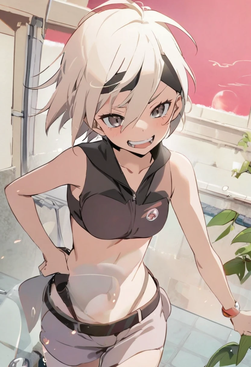 locker room,small hoobs,Thick pubic hair,underwear,smile,Silver Hair,Short Hair,Sports bra,underboob
