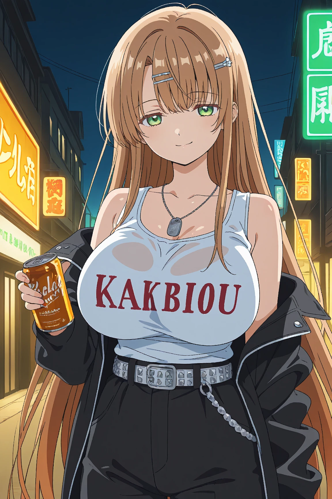 light brown hair, ahoge, high ponytail, orange ribbon, hair ribbon, hair between eyes, hairclip, food-themed hair ornament, short hair, brown eyes,, large breasts, , solo nipple , ride a bicycle、 bustling street naked