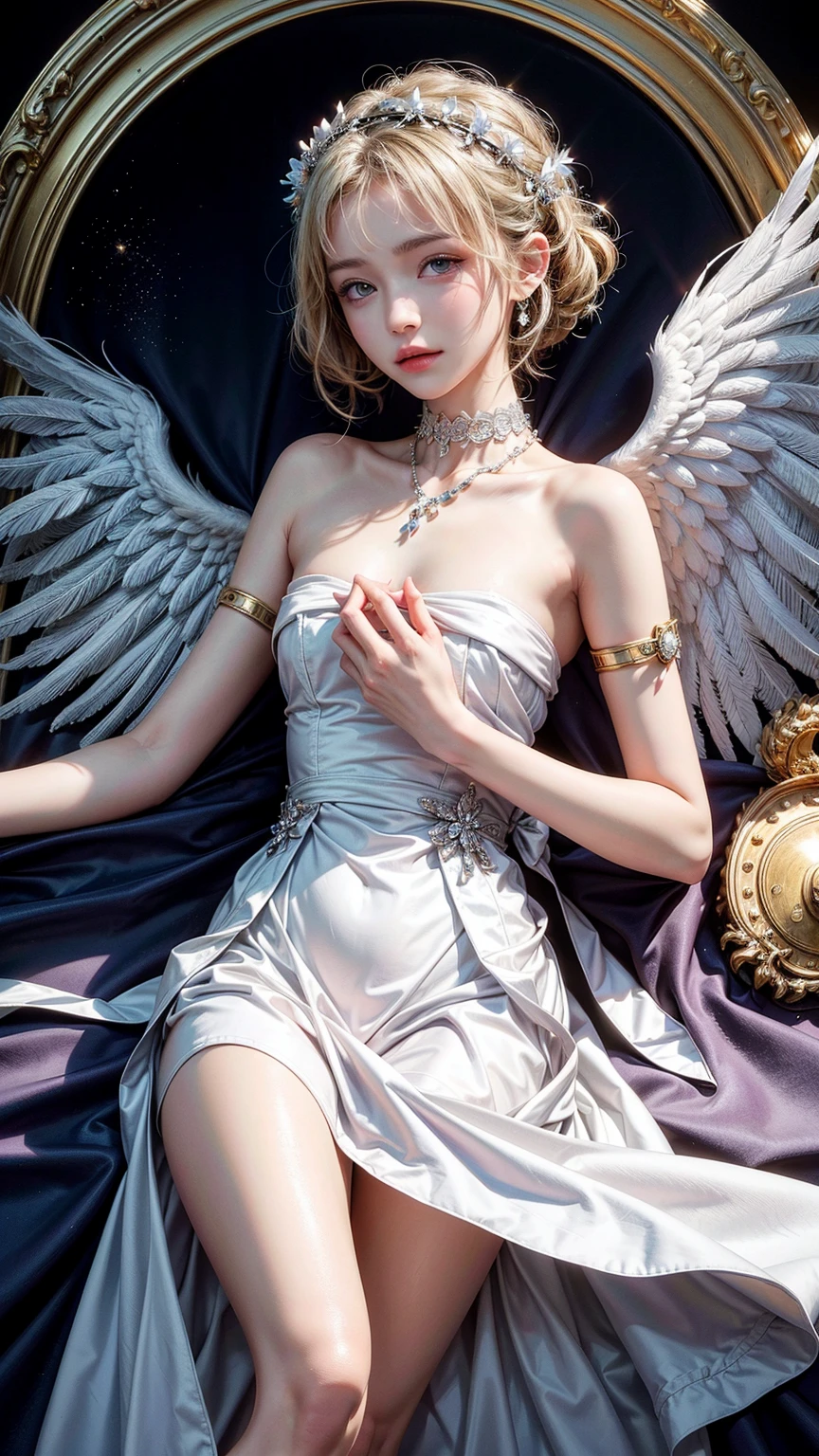 Highly detailed and intricately designed figurine of a cherubic angel . The angel has soft, curly blonde hair and a serene expression with closed eyes, suggesting a state of prayer or contemplation. The skin tone is a smooth, porcelain-like white. The angel is adorned in a white robe embellished with gold and blue jeweled accents, adding a touch of elegance and divinity. The wings are white with a glossy finish, and the angel is seated on a golden cushion decorated with blue jewels. The background is blurred, focusing attention on the figurine. The text 'Tana Tim' is written in a cursive, white font along the right side of the image.