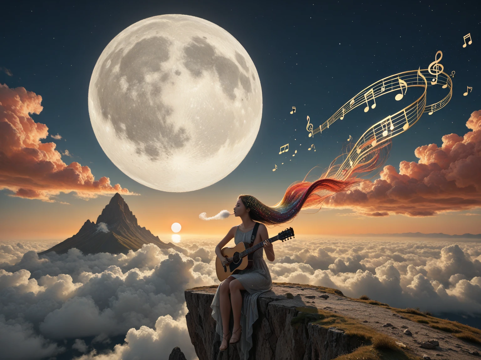 Abstract painting art, 8k poster, whole body, Golden Flower, Beautiful girl sitting on the edge of a cliff and looking at the distant horizon, Golden Eyes, garden, Golden Eyes, Long hair blown by the wind, Woman body front view, Bronze Hair Metallic, Red clouds sunset, Night Light, Lake and distant mountains々Depth of the valley seen from above, Abstract Oil Painting, A girl who is concentrating well on the scene, (((Girl playing guitar))), Exposure, Exposure art, Surrealism art, Fantasy, Abstract painting of a woman in a mountain landscape, 8k poster, whole body, Gold and silver flowers, Evening Light, (((Girl playing guitar))), (((Huge full moon next to the sun, ))), (((Musical symbols in the clouds))), ((((Long hair flying in the air, Abstract hair shaped into musical symbols, Sheet music thrown into the clouds, Surrealism art)))), High resolution 8K poster, Gold and silver butterfly, ((Short dress, Tank top)), ((Transparent T-shirt)), ((mini skirt)), ((Barefoot) )), ((Barefoot) )),Enchanted Angel