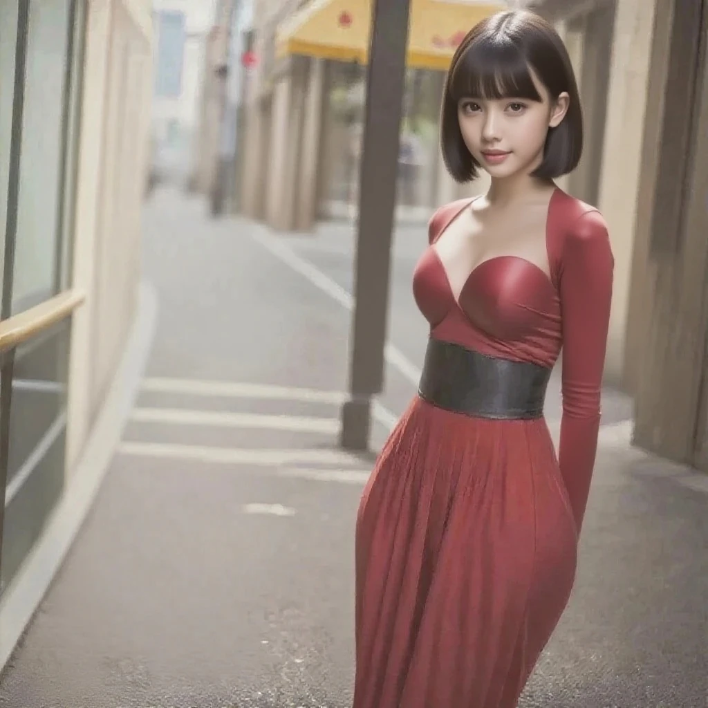 (realistic:1.3), finely detailed, quality, rembrandt lighting, (masterpiece:1.2), (photorealistic:1.2), (best quality), (detailed skin:1.3), (intricate details), dramatic, ray tracing, 1girl, japanese girl, 21 years old, detailed skin texture, (blush:0.5), (goosebumps:0.5), subsurface scattering, smiling, medium breasts, short hair curls, bangs, hair between eyes, ruched satin dress, billowing long sleeves, puffy sleeves, zettai ryouiki, cleavage cutout, cuffs, frills, cowboy shot, (night, tokyo, dark alleyway, footpath, neon lights, seedy bars), <lora:Outfit_LanternMockNeck:0.8>