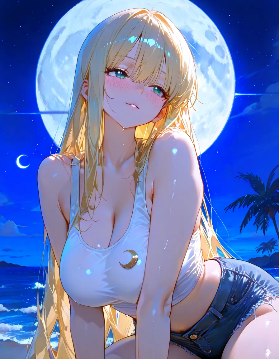 Highest quality,1People Girls, cute, Yellow Hair,Twin tails, Floating hair, Bright purple eyes, Loose and fluffy hair, Elegant and delicate eyes, Detailed facial features, Long eyelashes, Beautiful lip detail, graceful and detailed poses, Upper Body, Dynamic configuration,Vibrant colors, Soft and dreamy, Gypsophila landscape,A cheerful smile,Ocean,summer,moon,night,night空,In a white bikini,sitting on the beach, Large Breasts, exposed,Nipples exposed