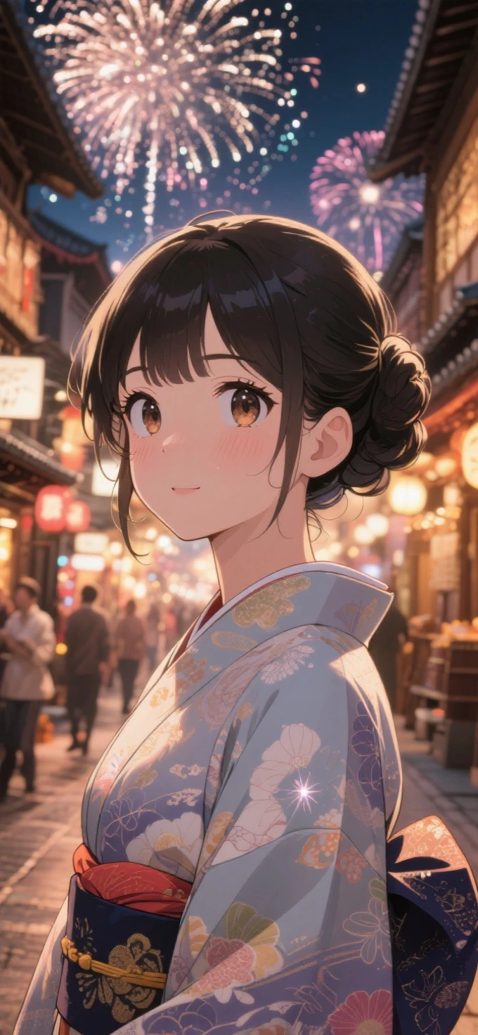 two-dimensional Japanese animated comic style,a beauty girl,wearing kimonos,Coiled hair,natta,bustling Japanese town streets,fire works,Close-up face close-up