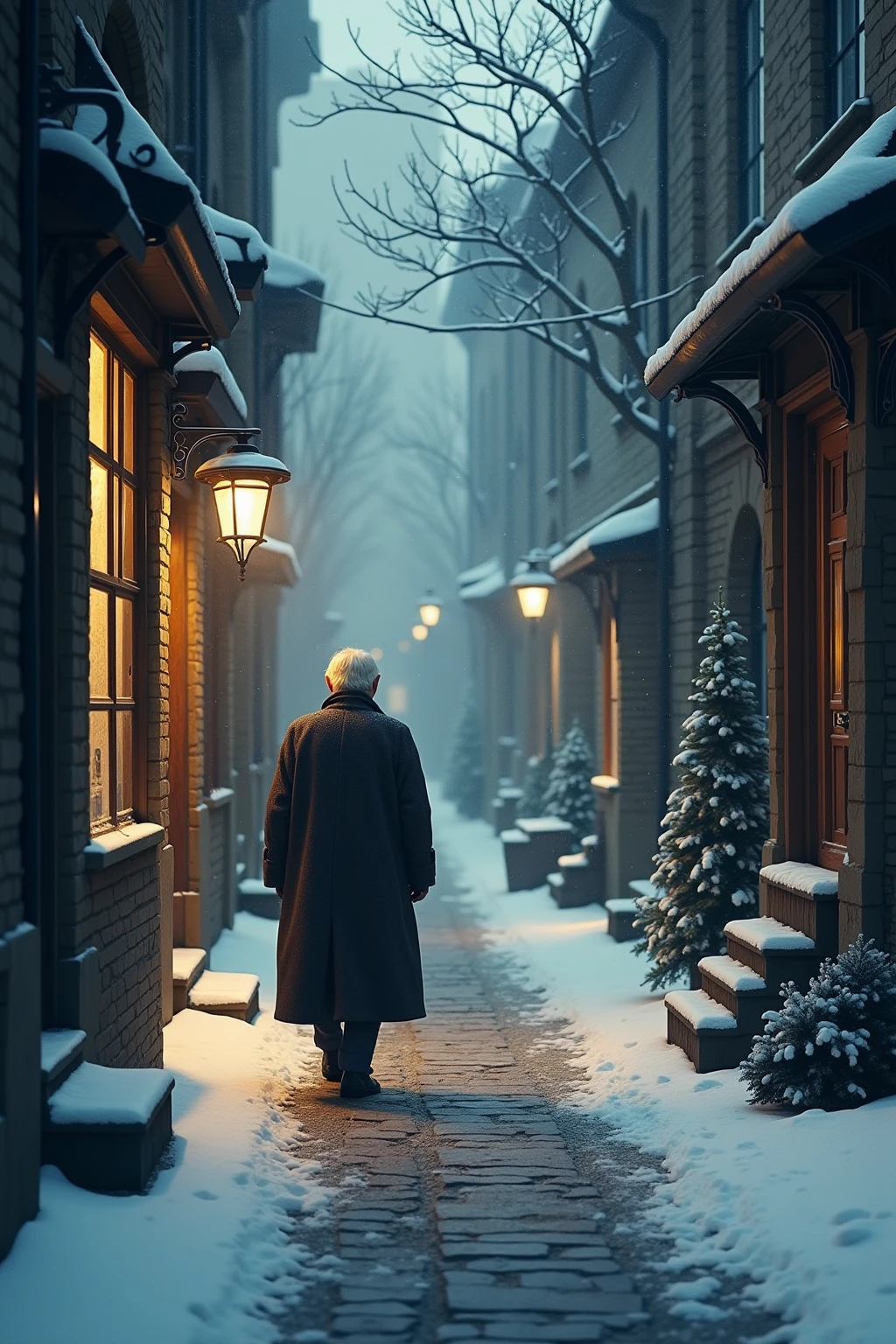 one old man, Wrapped in a long coat, Under soft snowfall,He walks slowly along the cobblestone street. As he passes windows that glow warmly from within,His breath condenses into mist in the cold air. The scene evokes nostalgia and loneliness, Blending elements of European realism with a poetic visual narrative. Rendered in digital watercolor,Outlines flow like ink, The winter light and subtle color grading emphasize the emotional depth. Ultra-high resolution, everlasting, cinematic details.