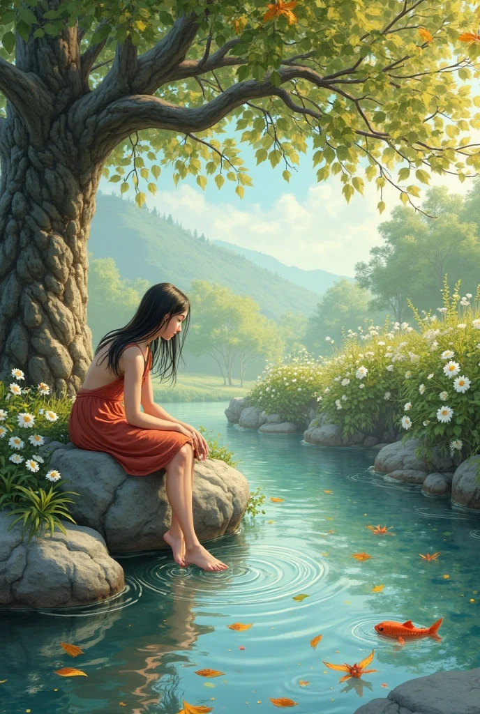 A girl has a big tree behind her,She sat on a rock,Put your feet in the stream(Wash your feet),The stream is clear,Fallen leaves floating on the surface of the water,There are fish swimming on the other side of the stream。flowers and trees next to the stream
