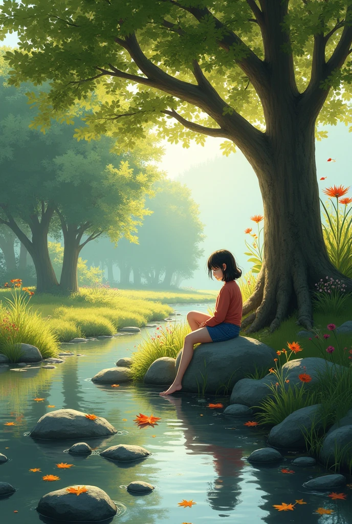 A girl has a big tree behind her,She sat on a rock,Put your feet in the stream(Wash your feet),The stream is clear,Fallen leaves floating on the surface of the water,There are fish swimming on the other side of the stream。flowers and trees next to the stream