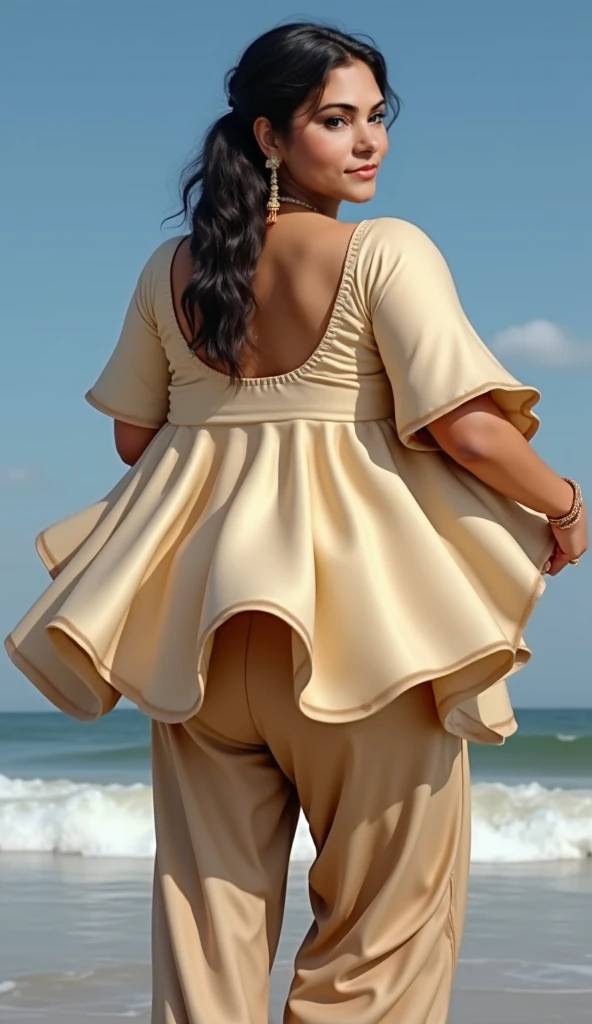 MASSIVE HIPS, MASSIVE BUTTOCKS, translucent (khaki plastic) leg warmers, UHD, She's a dark skin melanin Goddess, translucent puffy MASSIVE sleeves skirt, rural sidewalk, with infinitely small waist, tiny thin waistline, tiny waist, high top fade cut, no nudity 