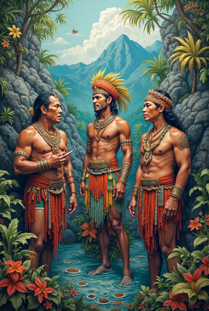 Chiaroscuro painting of a semi-naked Mayan with a Kukulkan mask lying on a henequen, full body Mayan god looking at the sky. Caravaggio style.
With corn around him and offerings and feathers.
Renaissance oil painting