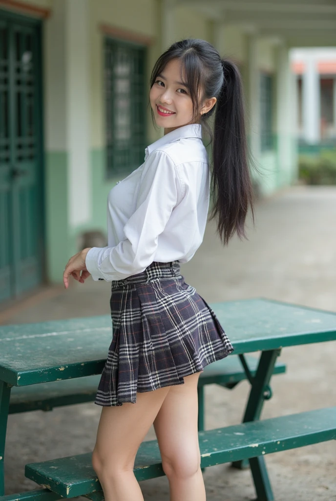 ((masterpiece)),(detailed),(perfect face),(thin),((sexy long legs)),((beautiful legs)),(slim),((middle-size chest)),((tits slip)),(horny smile),((very sexy emotional face)),((very long straight hair)),(looking at viewer),(black hair),((trained body)),((smiling)),(top-quality),(Photo realsitic:1.4),Raw photo,((two 13 year-old girl)),(((Random hair)),(((Take different poses))),glowy skin,(Happiness:1.2),(she wearing Thai university uniform black pleated mini skirt:1.5),((Thai university white short sleeve shirt:1.5)),((portrait)),((beautiful long legs:1.5)), ((in front of Thai university stairs:1.5)), Thai script in background, ((brown belt)), ((detailed cute face:1.5)), ((14-yo Thai nisit girl:1.5)), ((long beautiful legs:1.5)), nsfw, beautiful thigh, ((white panty:1.5)), back shoot, ((detailed cute face:1.5))