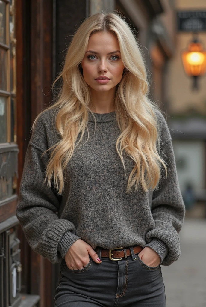 Beautiful girl with white skin, light gray hair, hair below the shoulders, with bright shining eyes, Shiny skin, pearl skin, in a dark gray voluminous knitted sweater and black pants, professional photo, 4K, a high resolution, high detail, realistic, looks straight, Against the backdrop of St. Petersburg