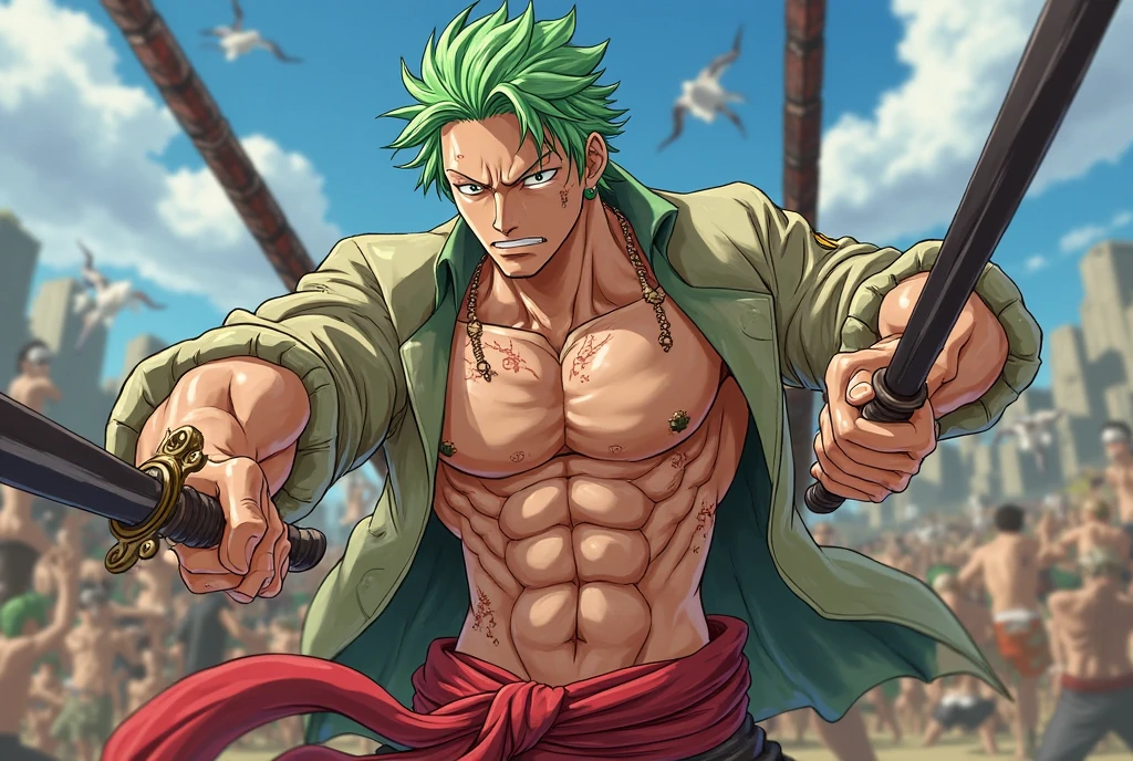 Make an image of a really buff zoro and hes shirtless and wears a brief and big chest and manly face and has a beard and really manly and looks so handsome and so hot and he's sweating and has a scar and he's posing and hes other arm is high up in the air and hes armpit can be shown and hes armpit have hair