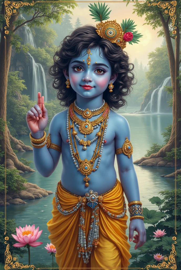 Shree Krishna, 10 years old, adorable cute face, bluish skin, beautiful eyes, divine smile, golden ornaments, long curly black hairs, peacock feathers, flowers, rainbow, forest scenery, colorful, amazing