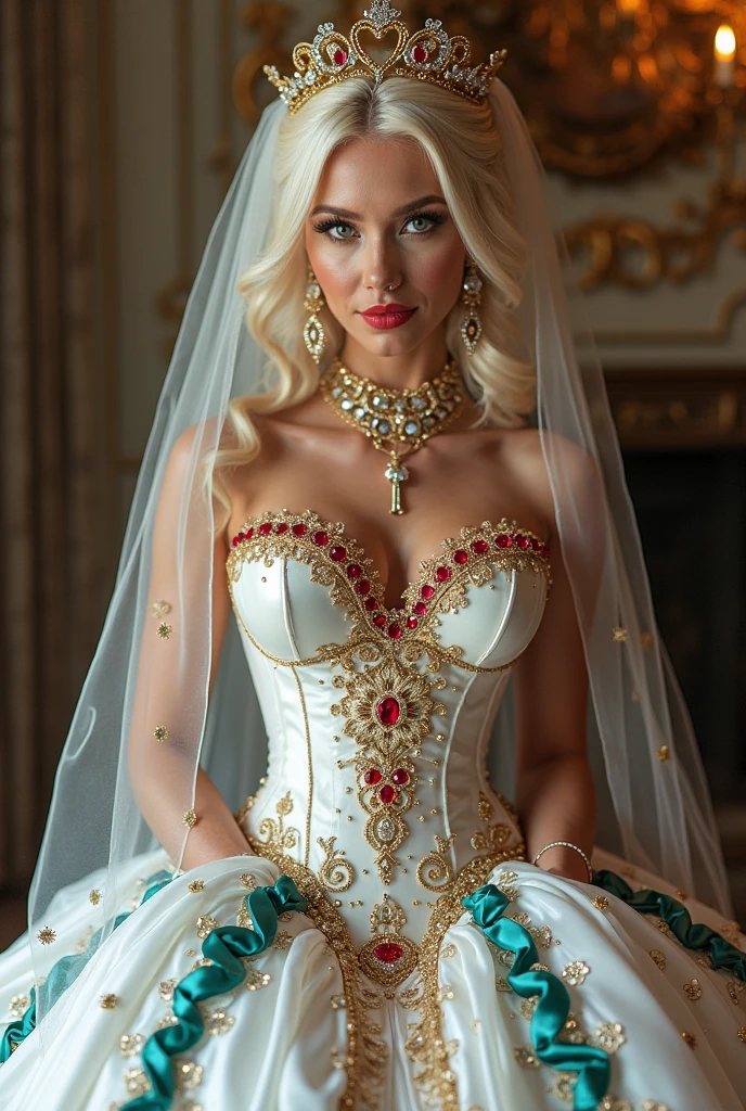 Realistic portrait of Amber Heard, a talented 37-year-old Mera, born under the sign of Taurus, sensitive and delicate, white a graceful height of 1,70 meters and a weight of 55 kilograms. She enchants everyone with her unique beauty, her fair skin and green eyes accentuate her delicate features, which are enhanced by her long and silky blonde hair. 86 bust, 63 waist, 89 hips.She is wearing a truly magnificent and dazzling gala dress. The dress is made of pure silk with satin details, featuring a blend of ruby red and sapphire blue. The plunging neckline is adorned with a stunning majestic necklace, studded with diamonds, rubies, emeralds, and sapphires, shining like stars in the night sky. The necklace elegantly wraps around her neck, adding a touch of royalty and elegance. Richly decorated with intricate embroidery, lace details, and appliqués in gold or silver, all handcrafted. The long sleeves of the dress are made of delicate lace, providing an ethereal and graceful appearance, reminiscent of butterfly wings. She wears impeccable white gloves, made of fine silk, delicately covering her hands with elegance. On her feet, she wears high-heeled shoes, decorated with gold and silver details, adorned with small diamond stones, adding height and grace to her figure. On her head, she wears a stunning six-pointed crown, studded with rubies, with each point holding a pearl. In the background, a medieval castle with its majestic towers and imposing walls, surrounded by a lush landscape. An enchanting fairytale environment with beautiful gardens and water fountains reflecting the sunlight. The ancient stone walls provide a fascinating contrast with the vibrant and warm colors. The lighting further highlights the dress details, the precious stones of the necklace, and the dazzling crown on her head. Soft and bright light creates a magical effect, enhancing the colors and bringing even more glamour and sophistication. Gracefully, she moves toward the viewer, her eyes fixed on