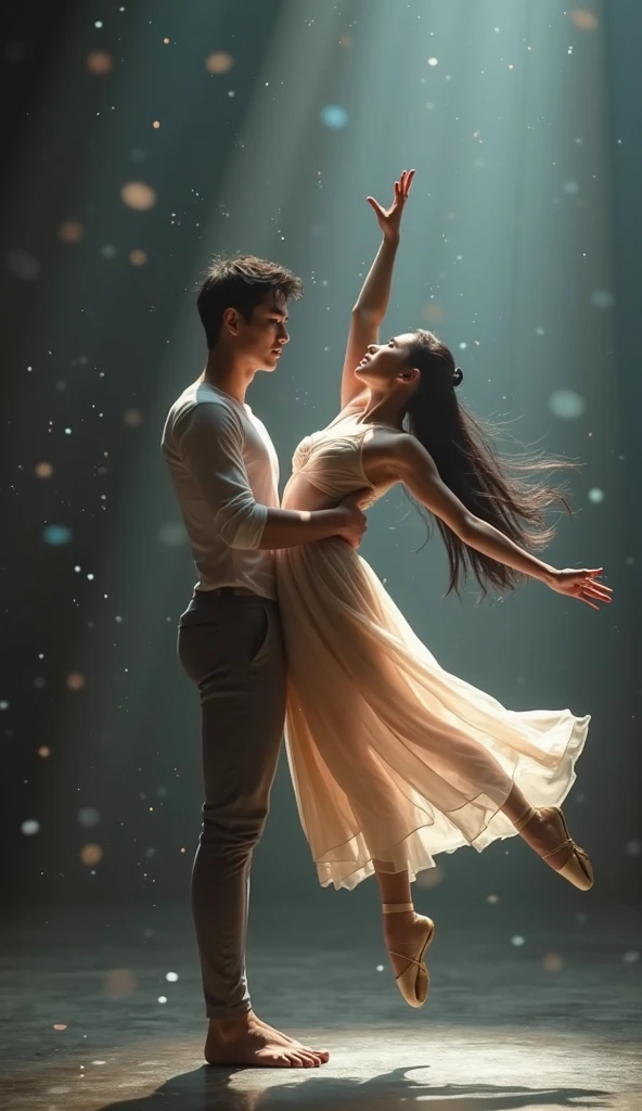 couple of dancers (ballet), the two are in a romantic pose, he is on his knees holding her hand, while she is standing in front of him, giving him her hand to hold, she wears a white romantic tutu, he He's wearing a prince's outfit with puffed sleeves, the two are in the middle of a fog, they're in love with each other.
