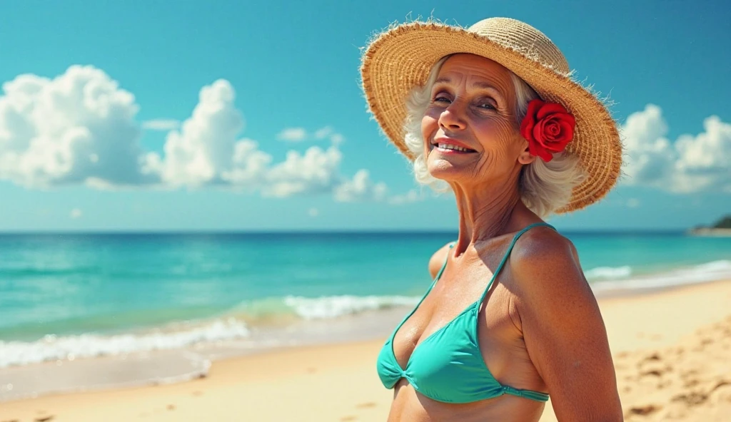 79 years old lady in a bikini on beach talking to media