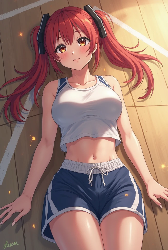 highest quality、Nice sexy body、One Woman、(solo)、((Beautiful busty woman:1.6))、(Woman with dark red hair:1.3)、Long hair woman、Bloomers、((A woman wearing white gym clothes))、((紺色のBloomersを履いた女性))