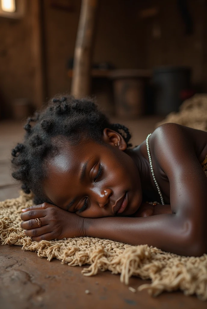 Beautiful girl slightly black child slave ((in bed)) ((Photorealistic))