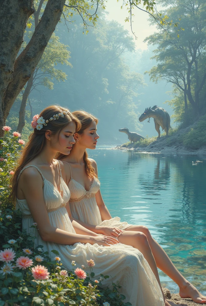 Hyperrealistic depiction of Romulus and Remus as infants, being nursed by a fierce yet nurturing she-wolf on the banks of the Tiber River, surrounded by lush, green wilderness.