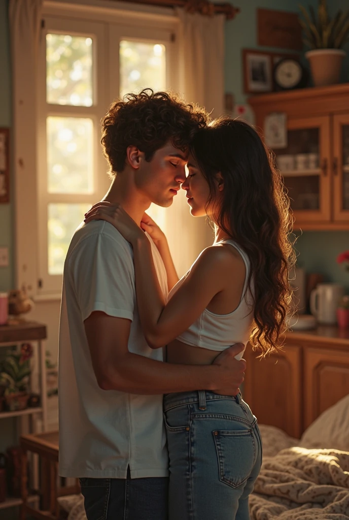 Create an image: a beautiful girl, human, blue eyes and freckles on her face,with black hair, big fit ass , orange highlights, and curly. with white clothes, looking at a window and a boy with brown eyes and hair and white clothes next to her