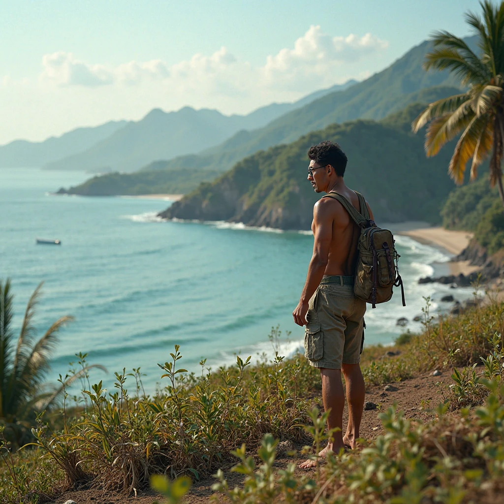 there is a man walking with a suitcase and a motorcycle, jungles in the background, in the background is lush jungle, jungle in background, in a jungle, colombian jungle, in the jungle, in jungle, wearing dirty travelling clothes, A Black Helmet In Their Head the backdrop of trees, in a river in the jungle, sri lankan mad max style, topless, chest covered with palm leaves