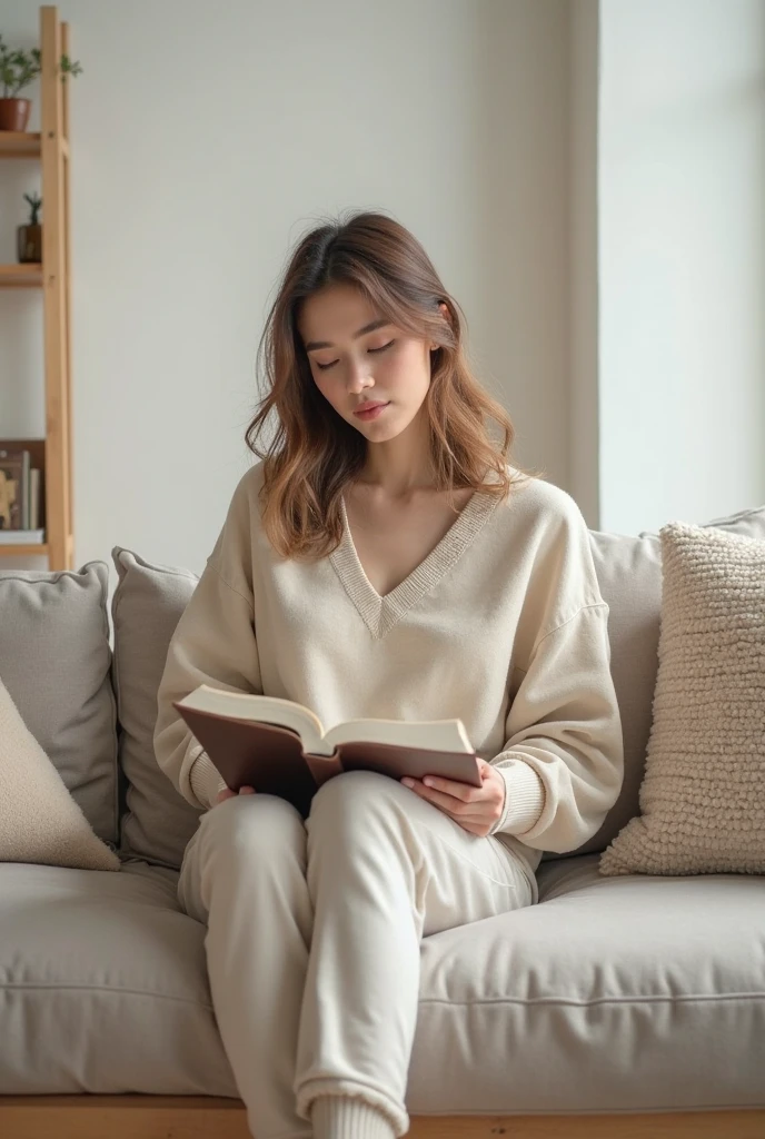 sitting on chair, crossed legs, reading a book, reading glasses, cozy, living room,
sweatpants, sweatshirt, baggy clothing 

((masterpiece:1.2), (best quality:1.2), (very aesthetic:1.2), (absurdres:1.2), (detailed background),newest,),Emily, large ?????, wide waist, brown eyes, long hair, brown hair, 