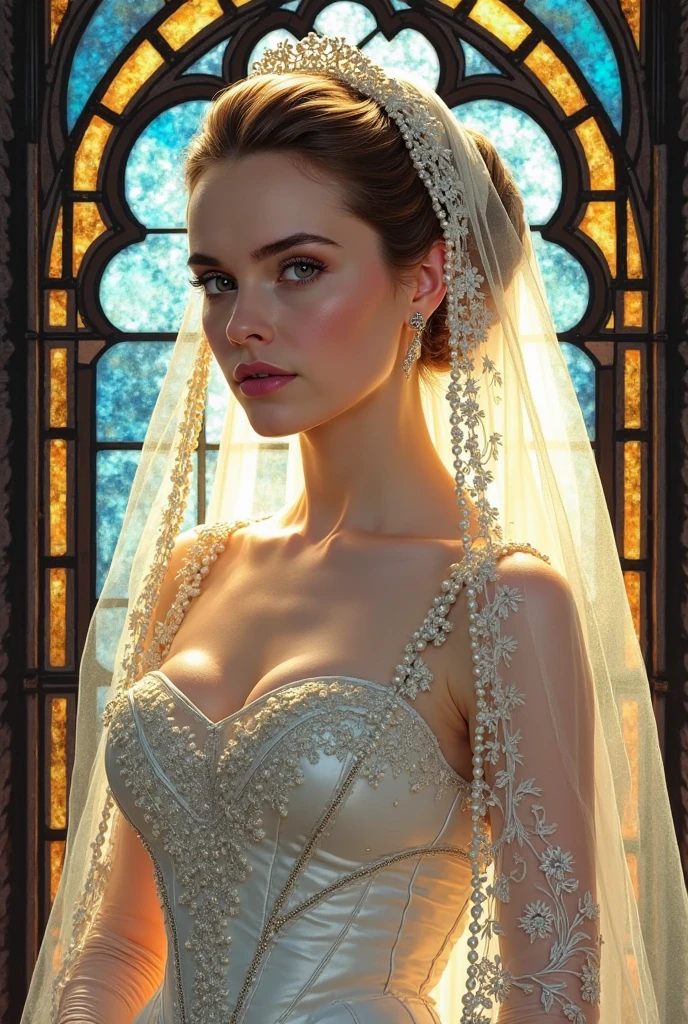 portrait Abbey Lee, wearing veil bride gown, be inside the ballroom, character portrait, 2 9 9 0 s, long hair, intricate, elegant, highly detailed, digital painting, artstation, concept art, smooth, sharp focus, illustration, art by wlop, charlie bowater and alexandra fomina