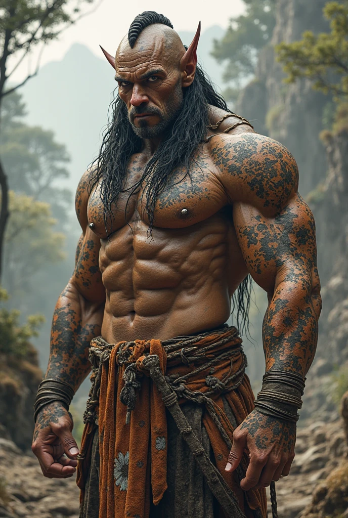 Polynesian white male (Muscular arms)strong build)long curly hair in a upright bun,a chain around his neck spelling kuri (kuri),sweat dripping down pecks,(Hawaiian tattoo on both arms from shoulder to wrist),blood splattered like graffiti,(holding a mk47 in left arm)blood on left side of face(cheek)