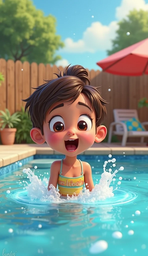 Young boy with curly brown hair and big beautiful eyes. Jumping in the pool outside. Modern house is in the background. Happy picture. Animated.