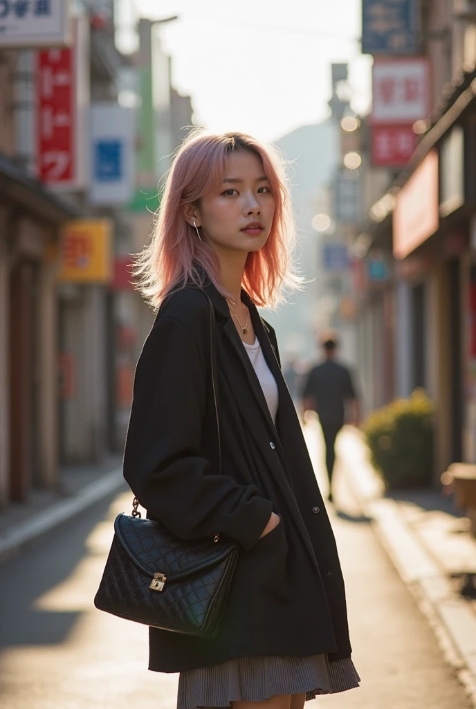 Create a digital illustration of Sakura Haruno, an iconic Naruto character, walking down a quiet street in a modern urban setting, with soft tones and a calm atmosphere. Capture her serene and confident expression, with determined blue eyes and delicate pale skin. Highlight her short, bright pink hair falling in light layers over her shoulders. Dress her in a dark red, sleeveless, body-hugging top with a front zipper, tight black pants, and practical ankle boots; add a thin bracelet on her right wrist and, optionally, a subtle scar on her left arm. Position her among cherry blossom trees that scatter pink petals on the ground, with the gentle wind creating movement in the petals around her. Add minimalist buildings as a backdrop, clean streets, and small urban details like trash cans or benches, illuminated by the golden light of a sunny spring afternoon. Sakura walks with a firm and purposeful step, arms relaxed, exuding a thoughtful yet alert calm. Convey peace, introspection, and strength, combining nature and modernity to reflect her journey as a ninja and a mature woman.