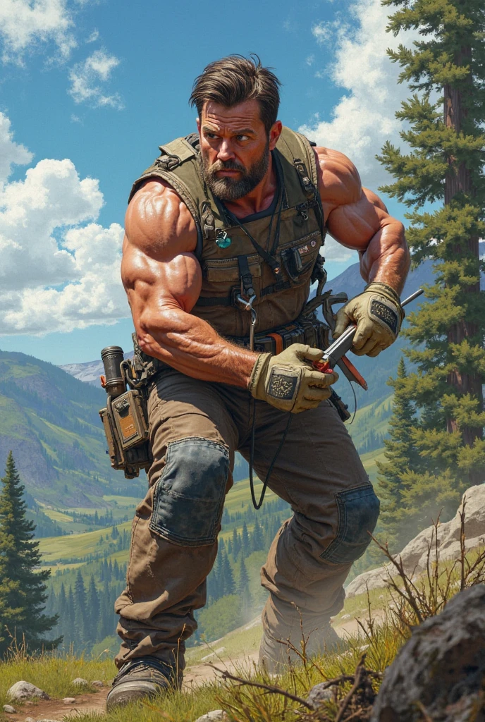 Gothic village with dark background, 《Resident Evil 8》Chris Redfield Sr, 48 years old, Muscle Man, tall and big, Biceps, Abdominal muscles, Chest, Topless, chest hair, Black pants, Big bulge, Shoulder Holster, earpiece, belt, Thick beard, Cold Face, With a cigarette in his mouth, smokes, Video game style, high resolution:1.2, best quality, masterpiece, Night, Dark atmosphere, winter, snow, shadow, Upper body shooting, (Dynamic poses:1.5),