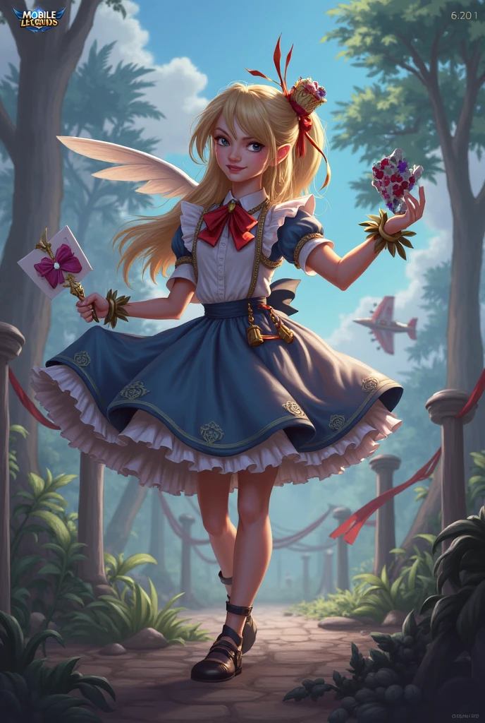 zrpgstyle, AS-YoungerV2 DollieNobodySD15 medieval child princess teal dress, elaborate, ornate, adventurer cape, (blonde hair, top pony tail:1.1), standing in a tall field of flowers, tree canopy overhead (alpine mountains:1.1), clear sky, (masterpiece:1.3) (best quality) (detailed) (8k) (HDR) (cinematic lighting) (sharp focus) (intricate) (intense action scene, dutch angle, foreshortening, motion blur, from below, blurred foreground:1.3)