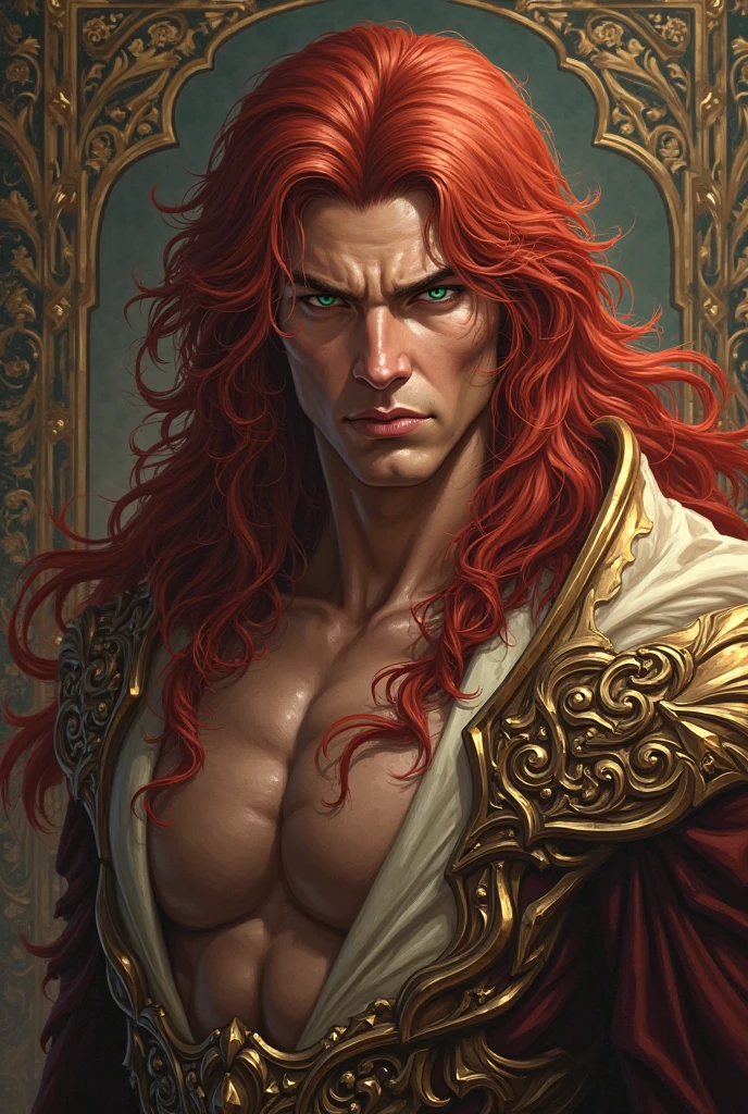 work of art, best qualityer, 1 men, grown-up, male focus, standing alone, red hair, long hair, vibrant green eyes, dark skin, dark elf, heavy armor, male, cloak, darkskin,  war cry, Fantasy aesthetic, highy detailed, shadowverse style, elf ear, elf knight armor. Holding Chinese halberd, going, writing, lying down, standing, on your back, fighting, dynamic poses. Get ready to dive into a world where beauty and craftsmanship merge perfectly