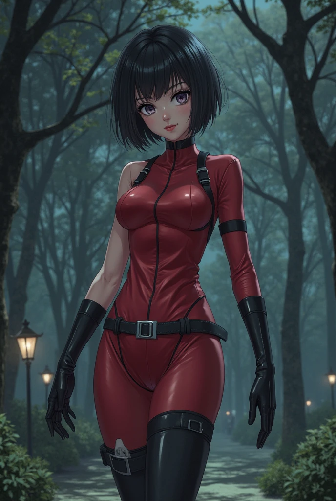 Optimal，masterpiece，High resolution，Highest quality，Hyper HD，Very detailed，Award-winning，16K，alone，(Cowboy Shot)、Cute face，，Black Hair、Bobcut、 Hairline，（（Scarlet Eyes）），Long eyelashes，Drooping eye corners，Are standing、Spread your legs、Thin legs、White skin，((Shooting from the side)), ((Wearing a tight latex suit:1.5)), ((Transparent nipples))、rocket  , ((Big Breasts:1.2)),