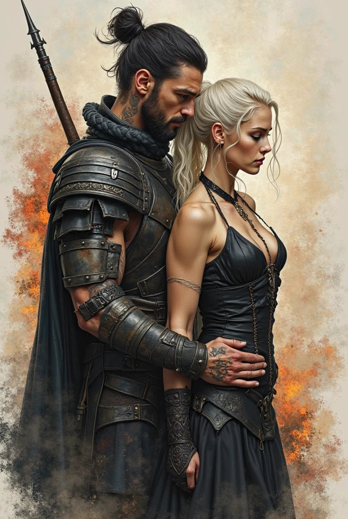 Young Muscular Man With Short White Hair Shaved on the sides, covered in scars, wearing a barbaric armor of fur With a dark blue cape, in a tavern, with a beautiful waitress woman sitting on his lap, Realisitc, Full HD, Best Quality.