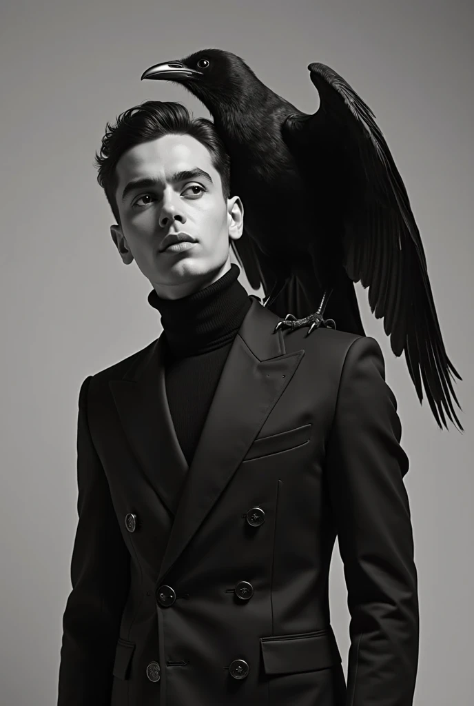 Young man, black fur, with an elegant hairstyle, White skin, athletic body, green eyes, full body image.