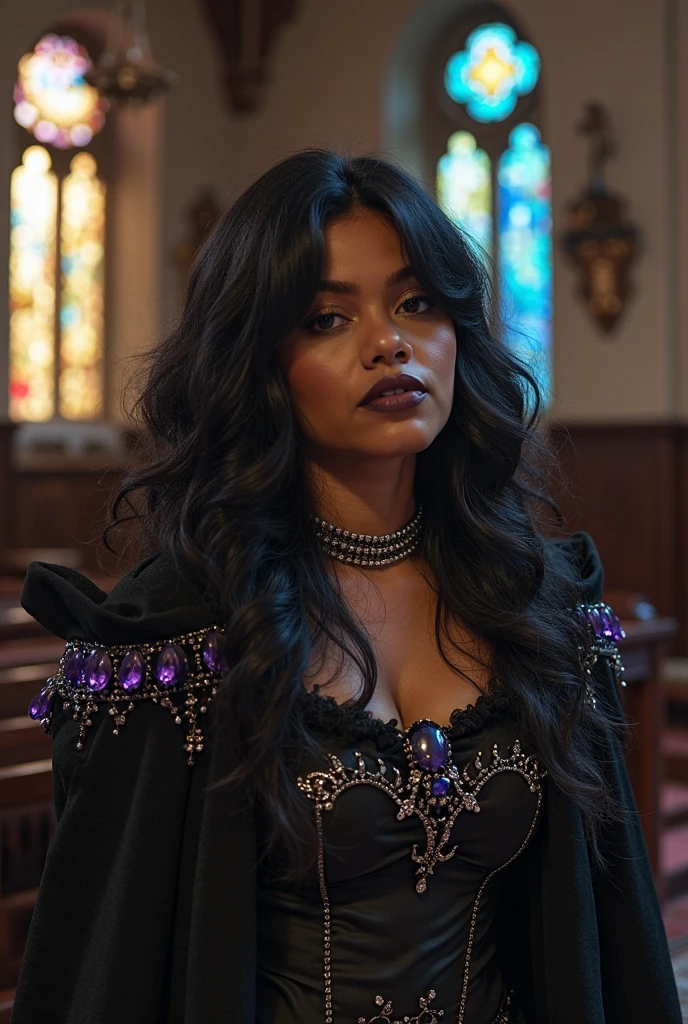 25 year old black woman, sexy vampire costume, vampire teeth, vampire cape aside, smiling at camera