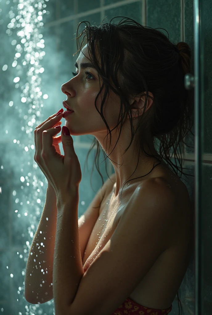 A beautiful woman with blue eyes is in the shower with her hands on the glass of the shower enclosure.
