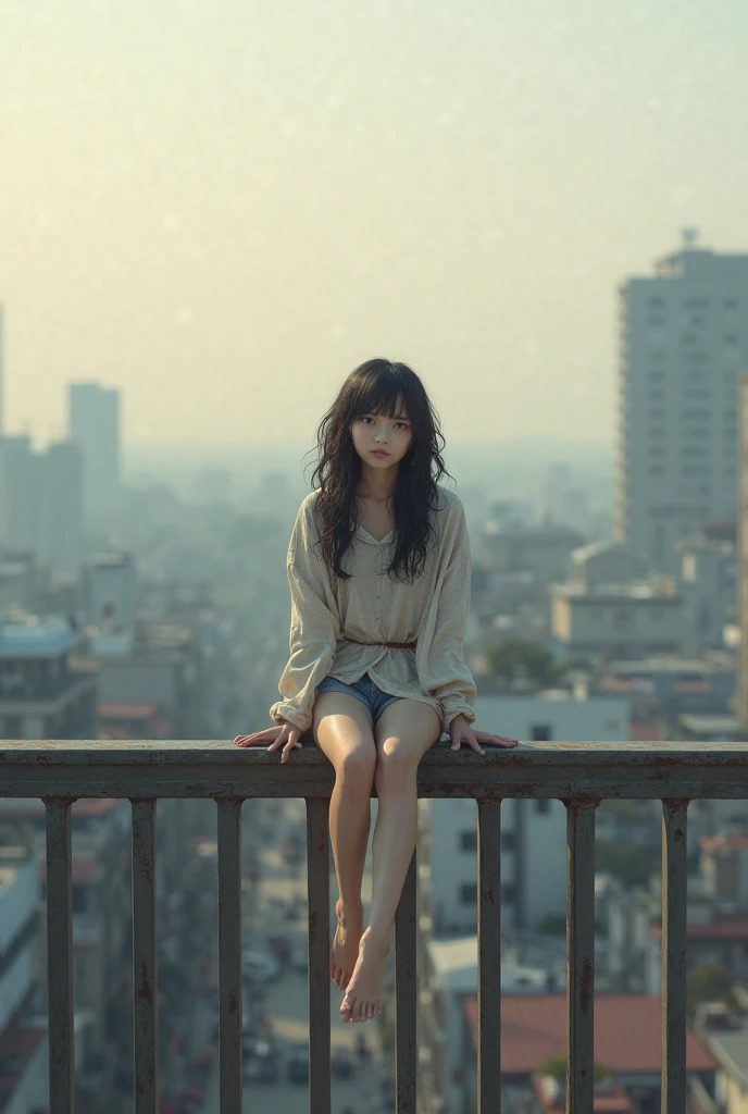 18 year old girl with slightly short black hair looking at the sunset sitting on a park bench in CDMX not looking at the camera but at the landscape with a tree, watching the sunset without looking at the camera, a little out of focus