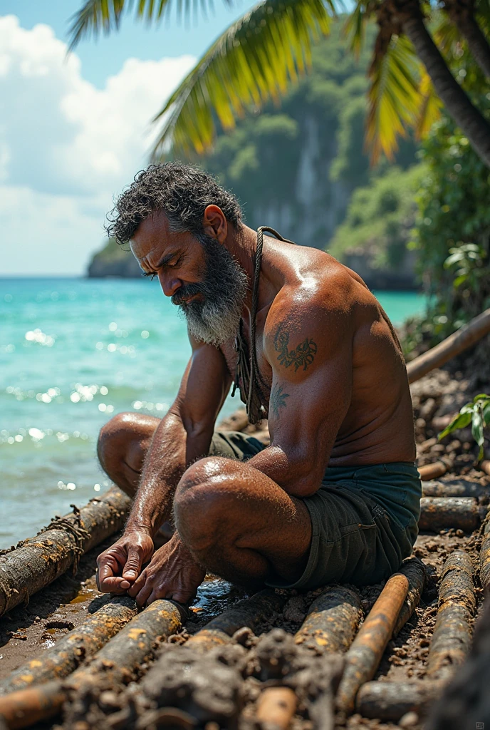 A photo of Chuck constructing a make-shift shelter out of palm leaves and branches.,Cast Away (film),Chuck Noland, portrayed by Tom Hanks in the film “Cast Away,” is currently stranded on a deserted island in the Pacific Ocean. Sunburnt and bearded, with long, unkempt hair, his physical condition reflects the harsh realities of island survival. He has a rugged, weathered look, with tattered clothes and a leaner physique due to the scarcity of food.