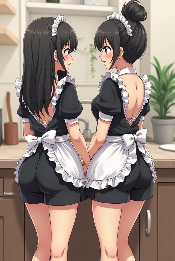 masterpiece, best quality, ultra detailed, 1girl, dark skin, twin tails, thighhighs, ,maid clothes ,show sexy panties, open legs, leaning forward, ,looking_through_legs, looking back, from behind, nsfw