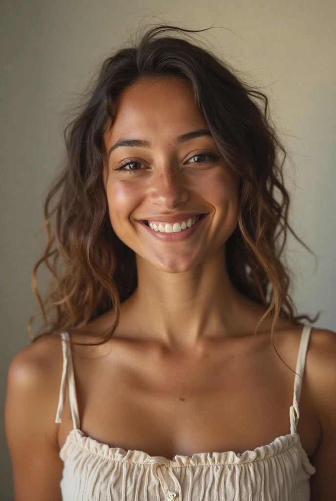 Create a realistic image of a 25-year-old Brazilian woman with medium-length hair, slightly below the shoulders. Her hair should be naturally wavy and a rich dark brown color. She has a warm, sun-kissed complexion typical of a Brazilian, with expressive brown eyes and a confident smile. She should be dressed casually in a light, breezy top, suitable for a warm climate. The background should be neutral, allowing the focus to remain on her, with soft, natural lighting enhancing her features.